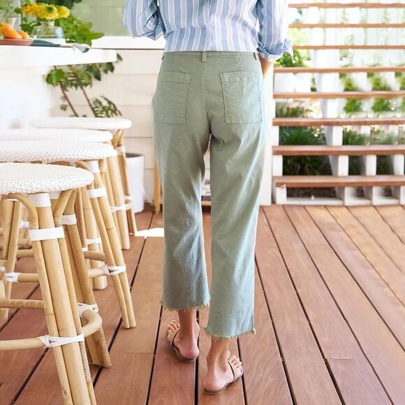 Frank Eileen Kinsale Size 10 Ankle Sage Green Cotton  Flax Blend Raw Hem Pants - Picture 6 of 13